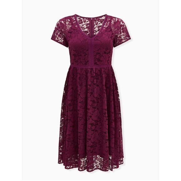 Torrid Midi Dress Plus Size 14 Plum Purple Floral Lace Inset Cocktail Party - Picture 1 of 5